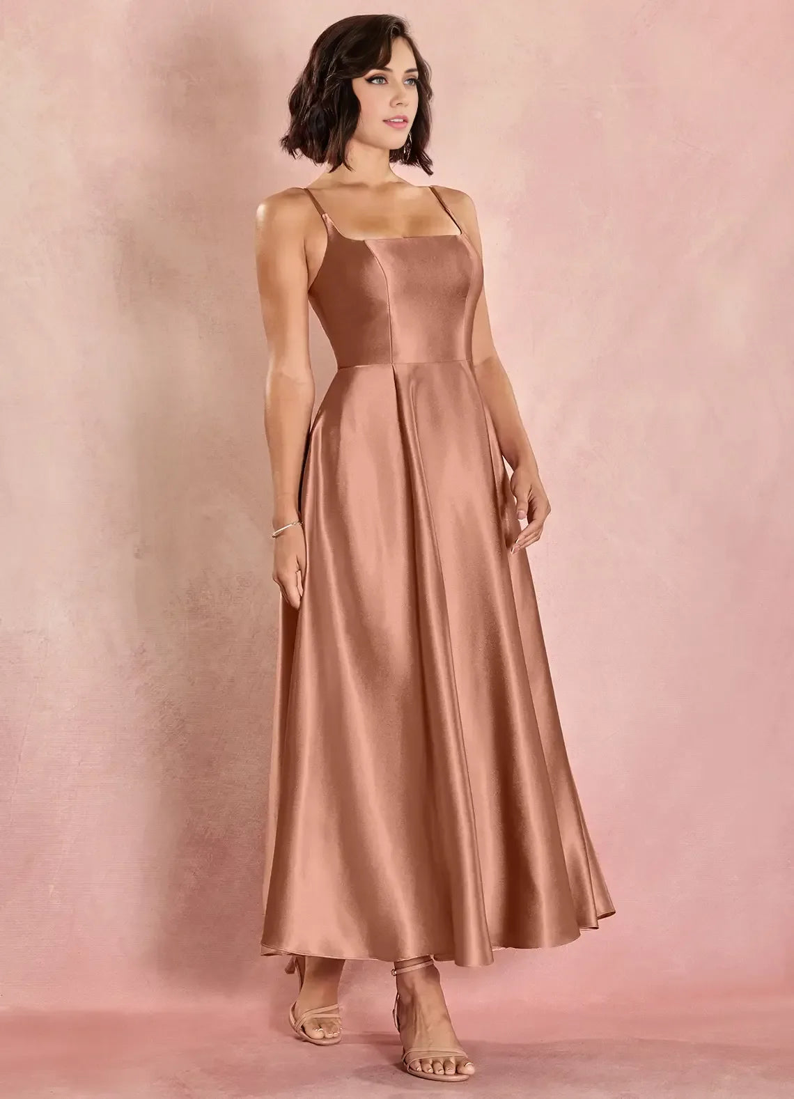 Sophisticated Graceful Elegant Rose Gold Lace A-Line Square Neck Sleeveless Evening Dress