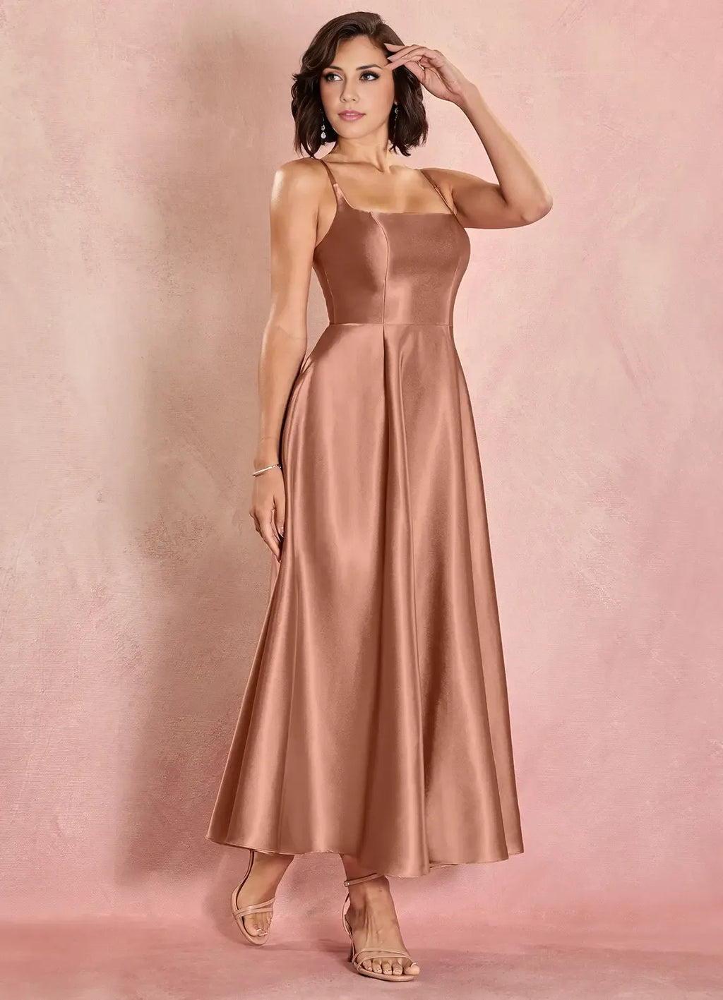 Sophisticated Graceful Elegant Rose Gold Lace A-Line Square Neck Sleeveless Evening Dress