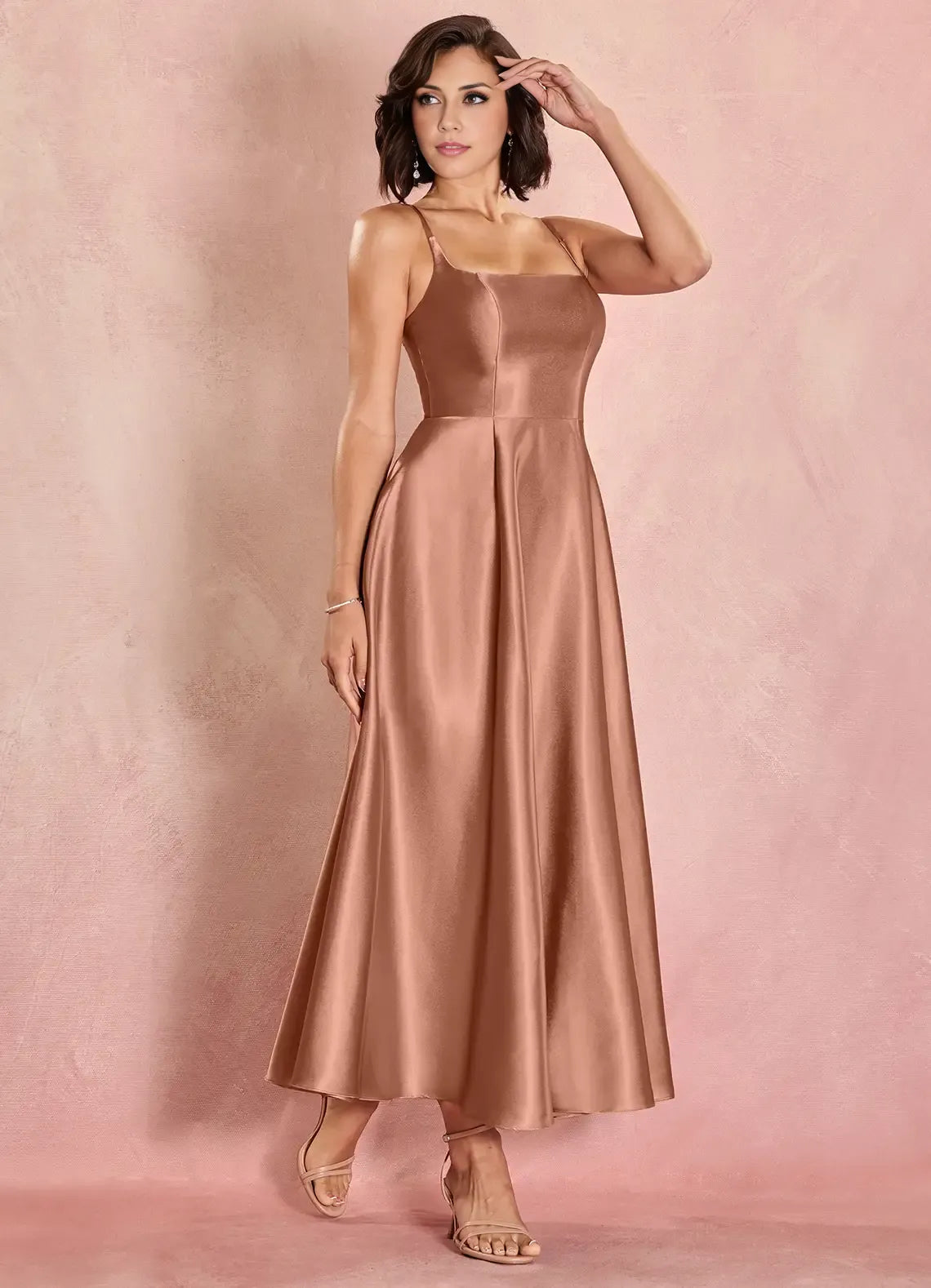 Sophisticated Graceful Elegant Rose Gold Lace A-Line Square Neck Sleeveless Evening Dress