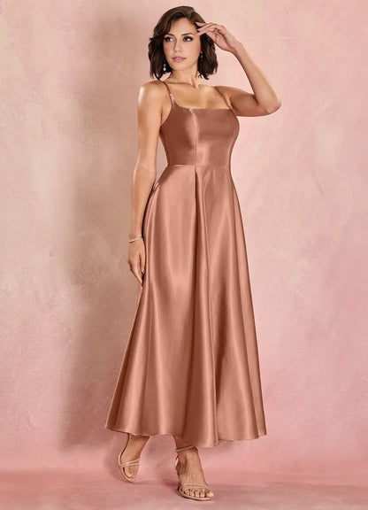 Sophisticated Graceful Elegant Rose Gold Lace A-Line Square Neck Sleeveless Evening Dress