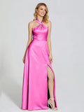 Special Occasion Sophisticated Elegant Hot Pink Satin A-Line Halter Sleeveless Floor-Length Prom Dress