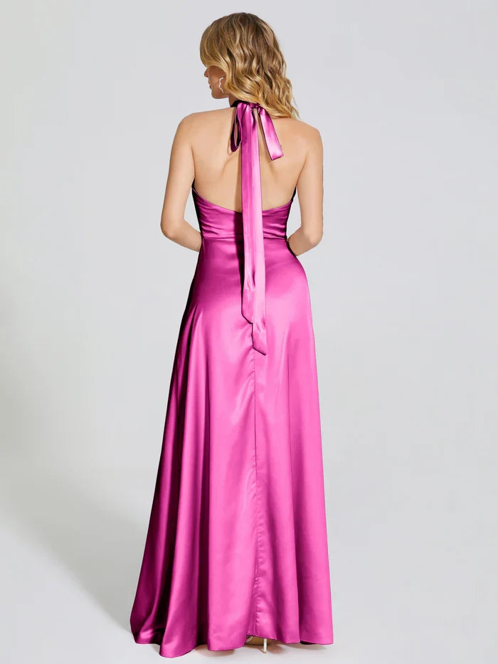 Special Occasion Sophisticated Elegant Hot Pink Satin A-Line Halter Sleeveless Floor-Length Prom Dress