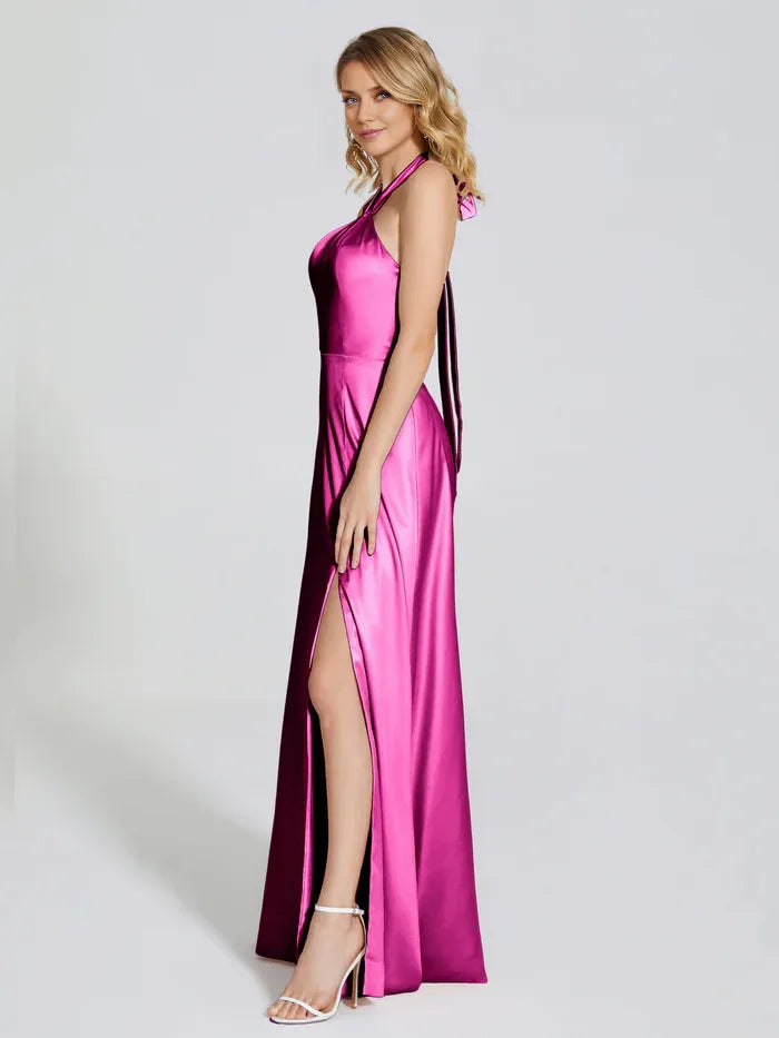 Special Occasion Sophisticated Elegant Hot Pink Satin A-Line Halter Sleeveless Floor-Length Prom Dress