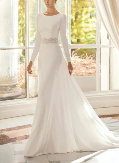 Scoop Neck Long Sleeves Court Train Elastic Wedding Dresses