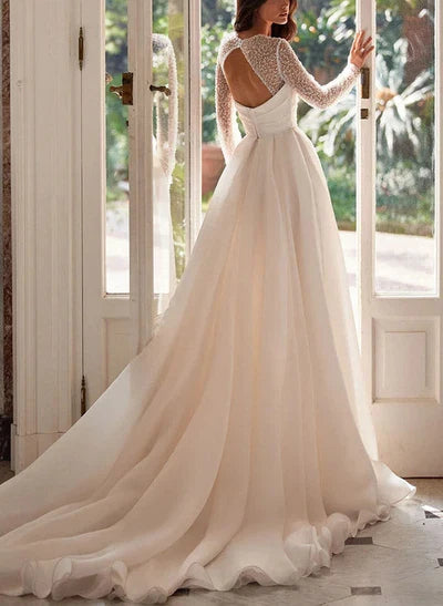 Square Neckline Long Sleeves Wedding Dresses High Split