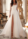 Square Neckline Long Sleeves Wedding Dresses High Split