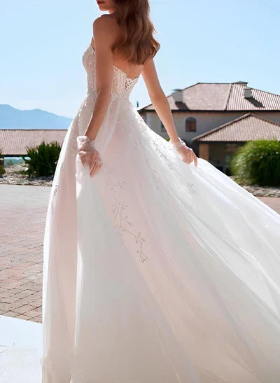 Strapless Sleeveless Court Train Wedding Dresses Front Split
