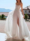 Strapless Sleeveless Court Train Wedding Dresses Front Split