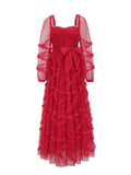 Beautiful Timeless Elegant Red Tulle A-Line Sweetheart Long Sleeve Floor-Length Prom Dress