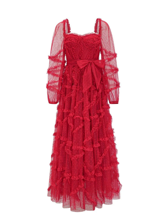 Beautiful Timeless Elegant Red Tulle A-Line Sweetheart Long Sleeve Floor-Length Prom Dress