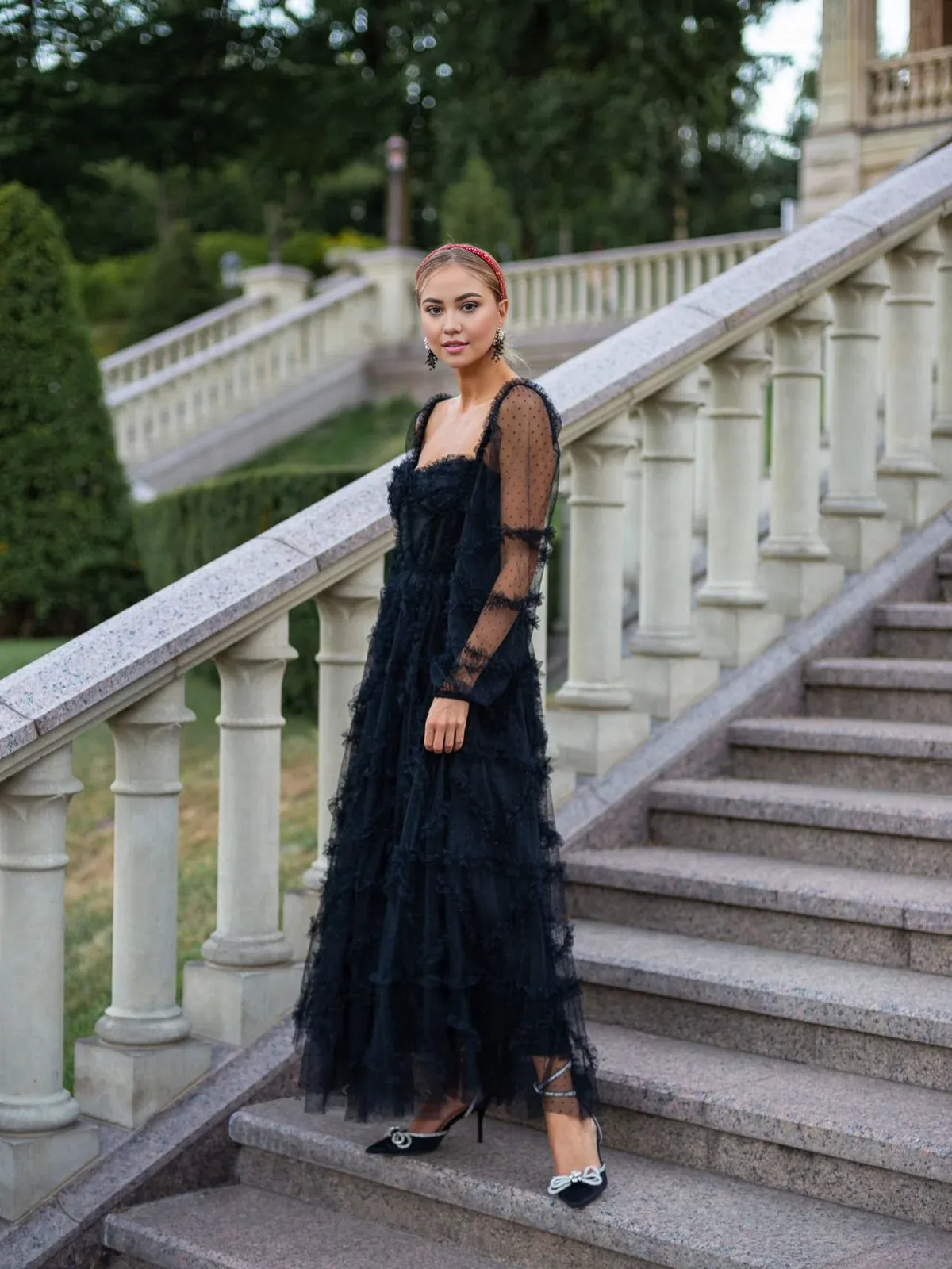 Beautiful Timeless Elegant Red Tulle A-Line Sweetheart Long Sleeve Floor-Length Prom Dress