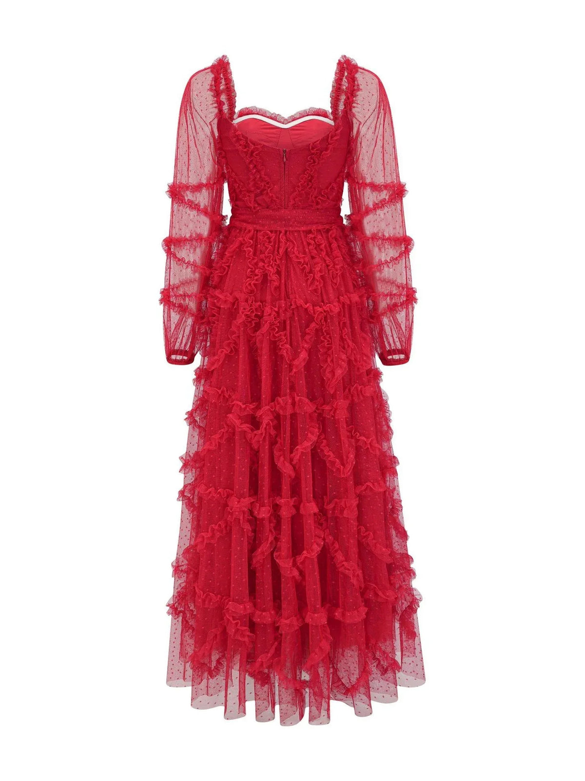 Beautiful Timeless Elegant Red Tulle A-Line Sweetheart Long Sleeve Floor-Length Prom Dress