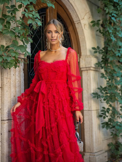 Beautiful Timeless Elegant Red Tulle A-Line Sweetheart Long Sleeve Floor-Length Prom Dress