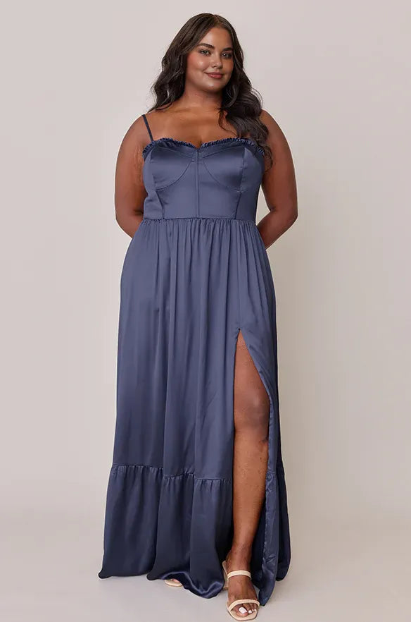 Sophisticated Graceful Stylish Elegant Navy Blue Satin A-Line Sweetheart Sleeveless Prom Dress