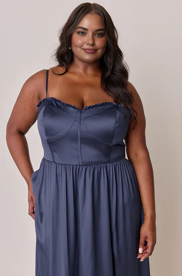 Sophisticated Graceful Stylish Elegant Navy Blue Satin A-Line Sweetheart Sleeveless Prom Dress
