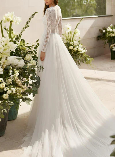 V-Neck Long Sleeves Court Train Wedding Dresses Split Front