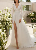 V-Neck Long Sleeves Court Train Wedding Dresses Split Front