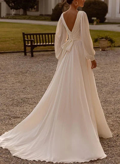 V-Neck Long Sleeves Sweep Train Wedding Dresses Sash