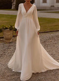 V-Neck Long Sleeves Sweep Train Wedding Dresses Sash