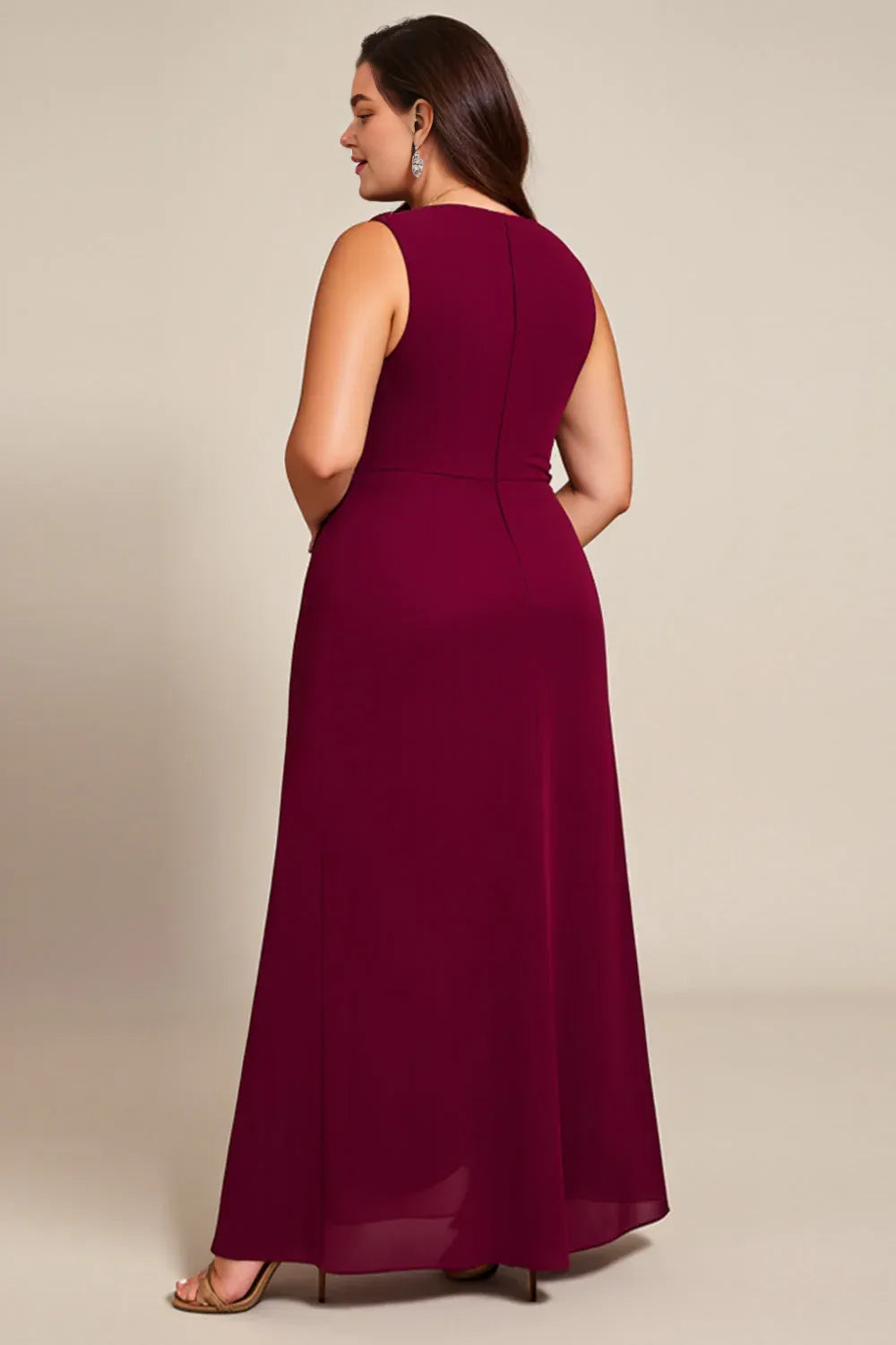 Stylish Refined Elegant Burgundy Chiffon Asymmetric Sleeveless Mother of the Bride Dress