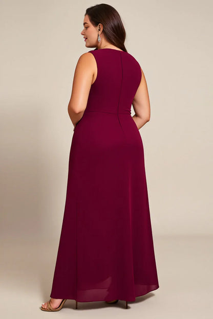 Stylish Refined Elegant Burgundy Chiffon Asymmetric Sleeveless Mother of the Bride Dress