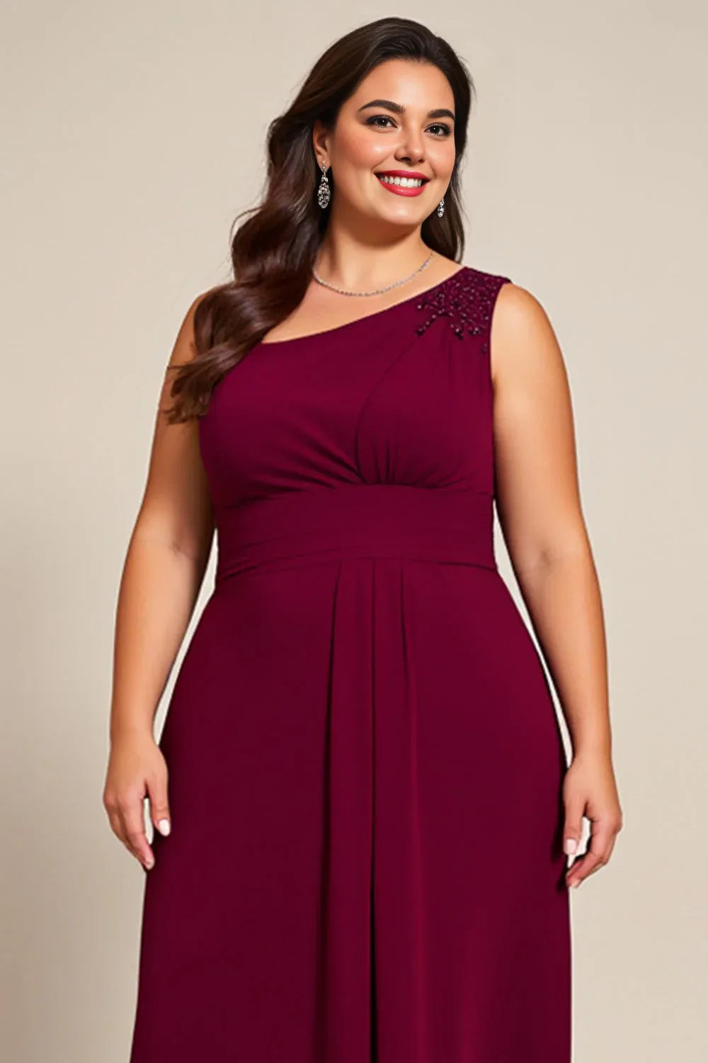 Stylish Refined Elegant Burgundy Chiffon Asymmetric Sleeveless Mother of the Bride Dress