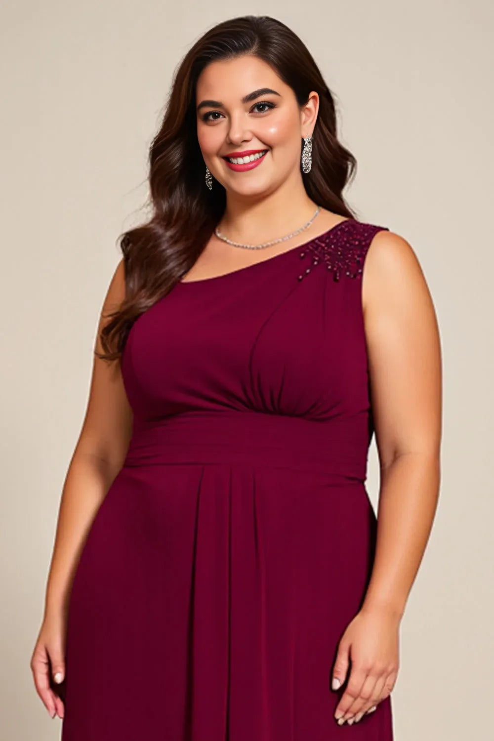 Stylish Refined Elegant Burgundy Chiffon Asymmetric Sleeveless Mother of the Bride Dress