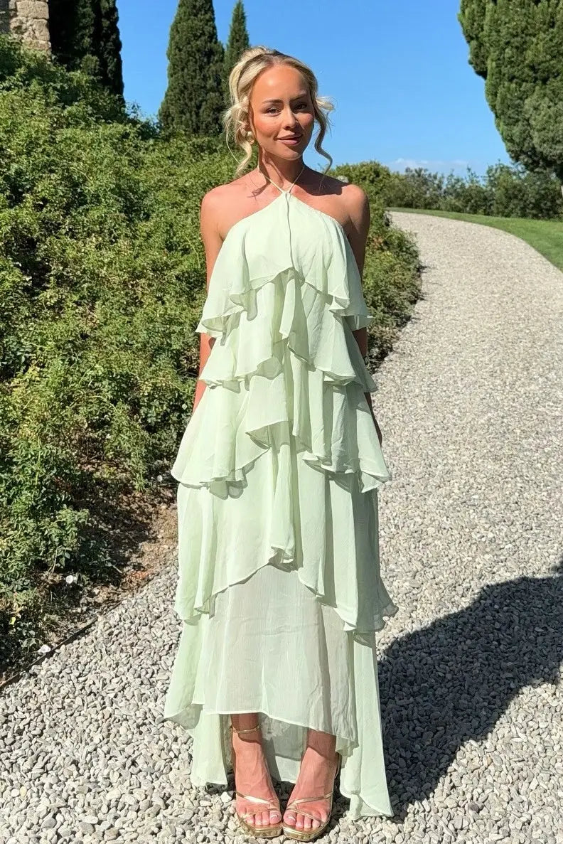 Refined Beautiful Timeless Elegant Sage Green Lace Halter Sleeveless Floor-Length Prom Dress
