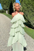 Refined Beautiful Timeless Elegant Sage Green Lace Halter Sleeveless Floor-Length Prom Dress