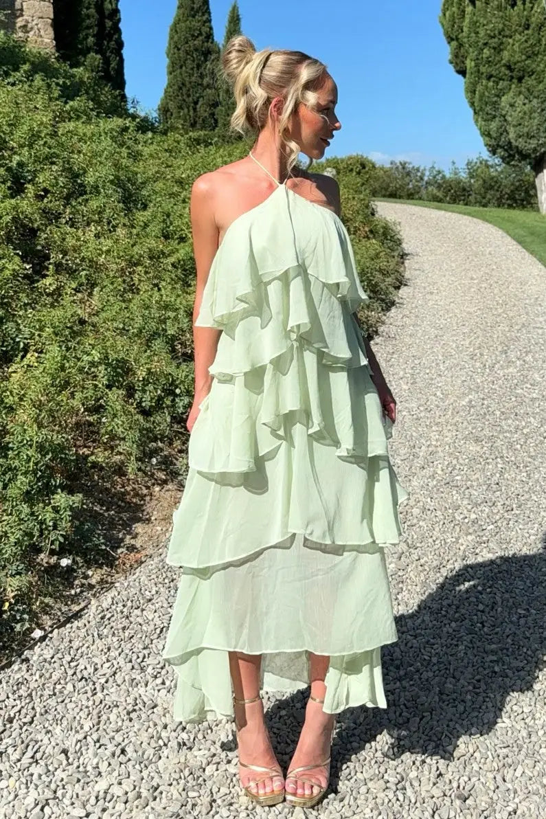 Refined Beautiful Timeless Elegant Sage Green Lace Halter Sleeveless Floor-Length Prom Dress