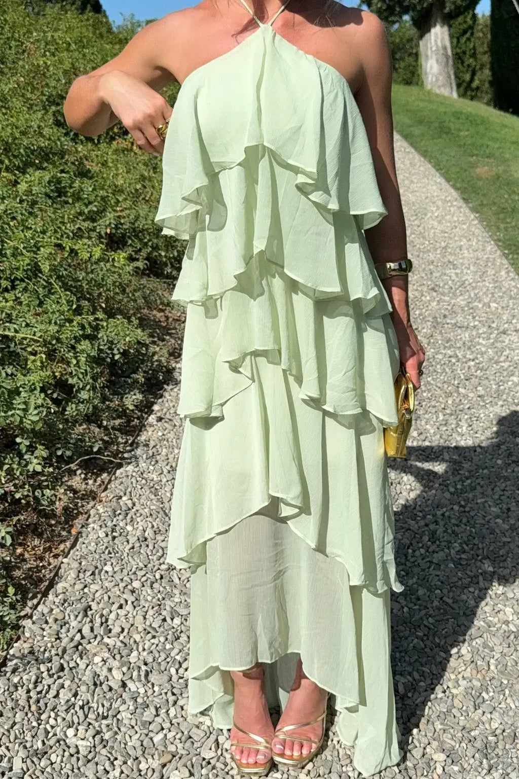 Refined Beautiful Timeless Elegant Sage Green Lace Halter Sleeveless Floor-Length Prom Dress