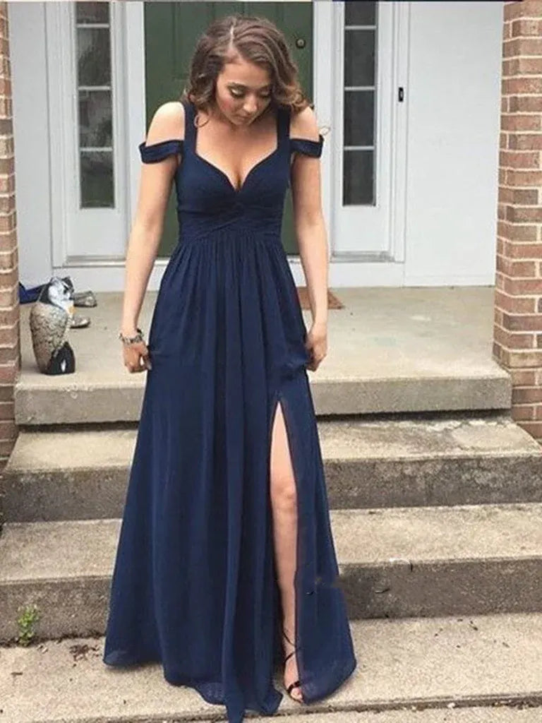 Navy Blue A Line Off Shoulder Ruched Floor Length Prom Dress