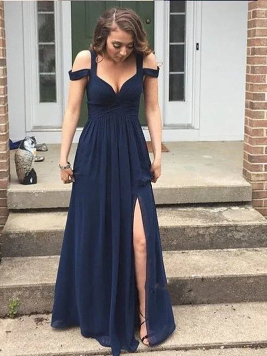 Chic Navy-Blue Slit A-Line Classic-Neck Classic-Sleeve Classic-Back Floor-Length Prom Dress