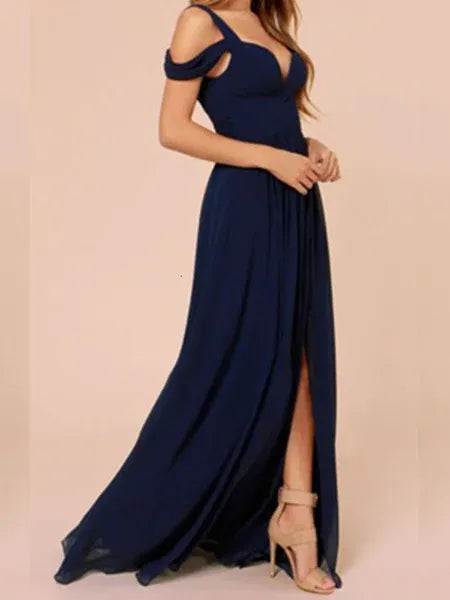 Navy Blue A Line Off Shoulder Ruched Floor Length Prom Dress