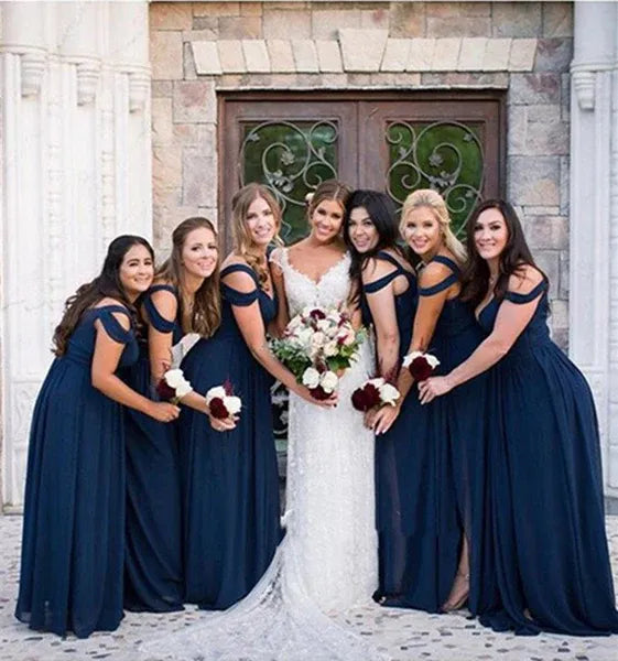 Navy Blue A Line Off Shoulder Ruched Floor Length Prom Dress