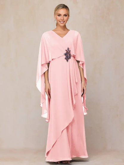 Elegant Blush Pink Chiffon V-Neck Sleeveless Floor-Length Mother of the Bride Dress