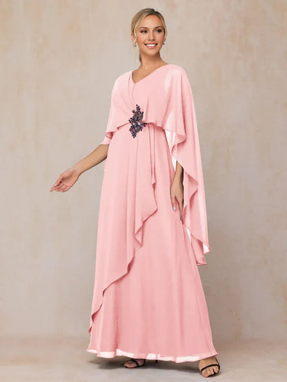 Elegant Blush Pink Chiffon V-Neck Sleeveless Floor-Length Mother of the Bride Dress