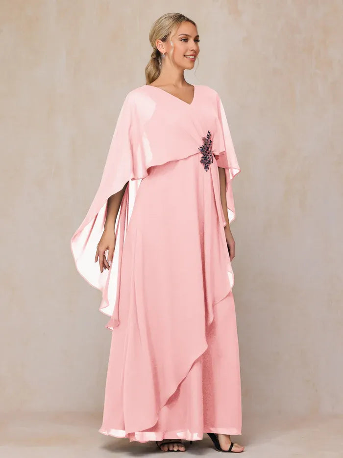 Elegant Blush Pink Chiffon V-Neck Sleeveless Floor-Length Mother of the Bride Dress