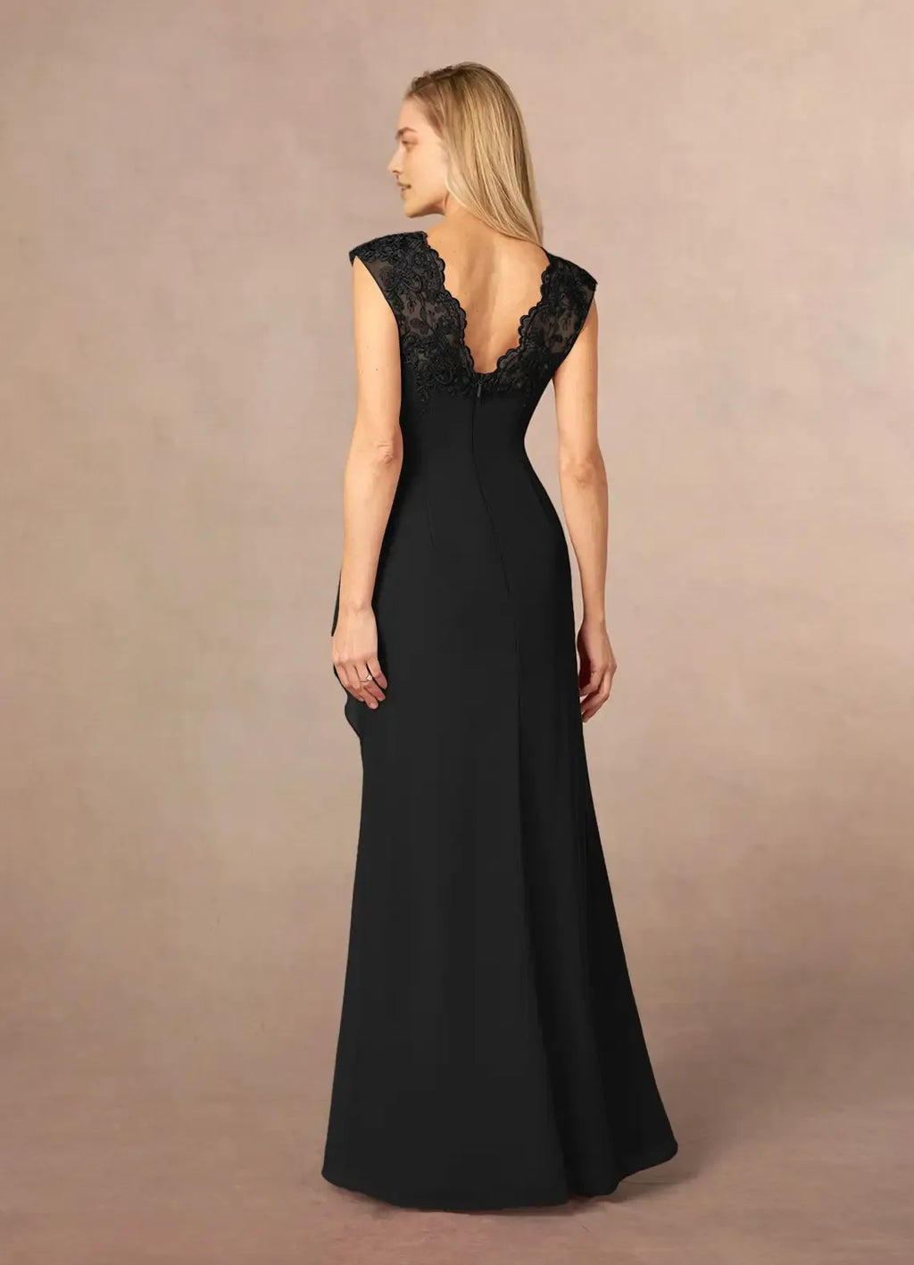 Black A-Line Queen Anne Mother of the Bride Dresses Sheer Cap Sleeves Ruched Bodice Asymmetric Draped Skirt Intricate Embroidery
