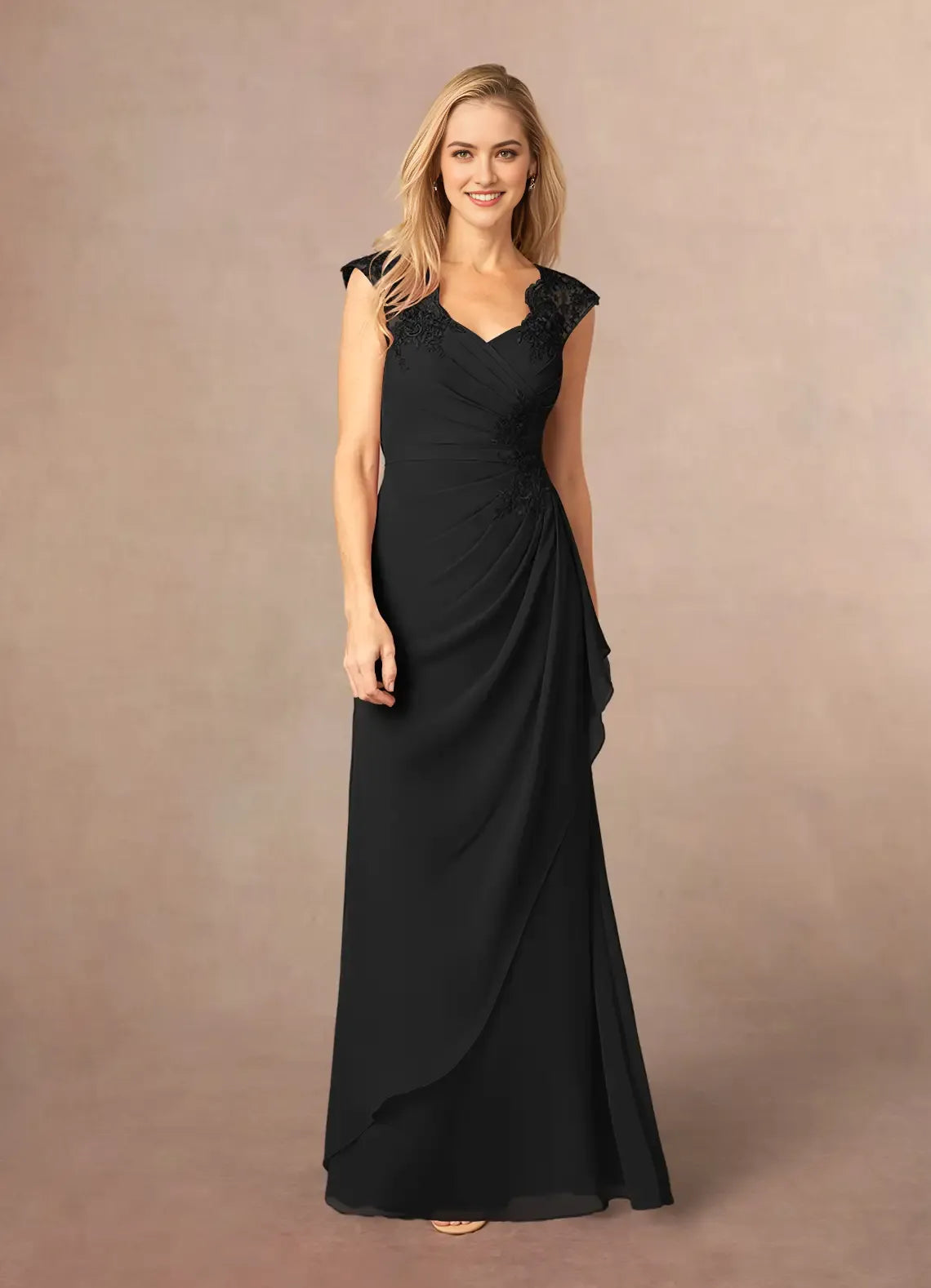 Black A-Line Queen Anne Mother of the Bride Dresses Sheer Cap Sleeves Ruched Bodice Asymmetric Draped Skirt Intricate Embroidery