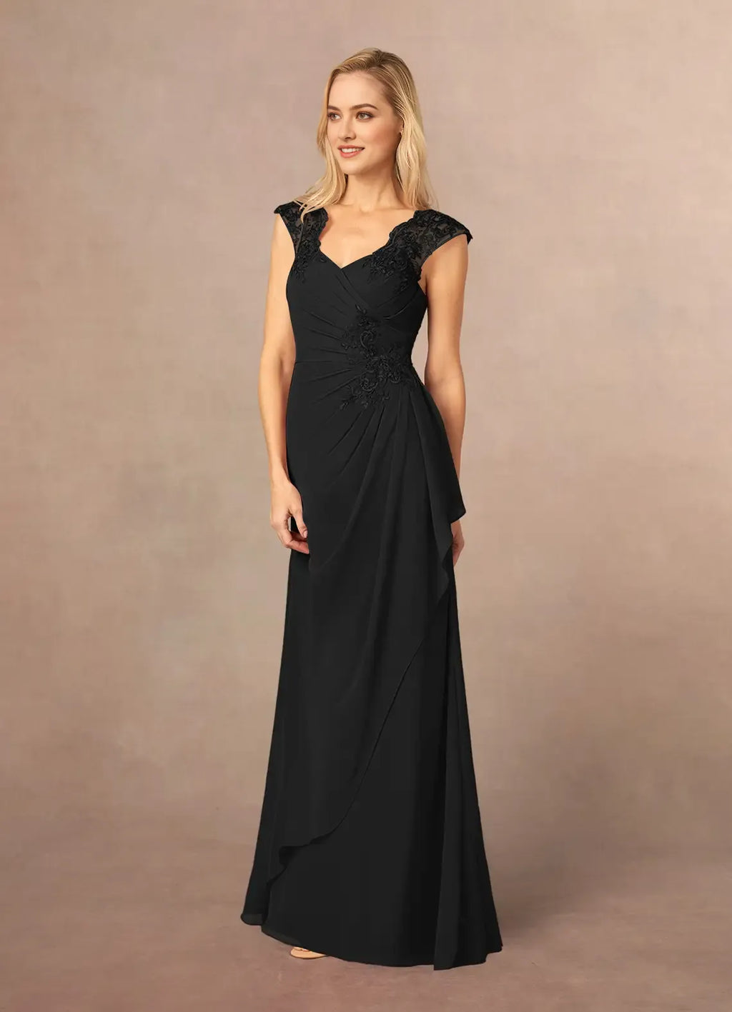 Black A-Line Queen Anne Mother of the Bride Dresses Sheer Cap Sleeves Ruched Bodice Asymmetric Draped Skirt Intricate Embroidery