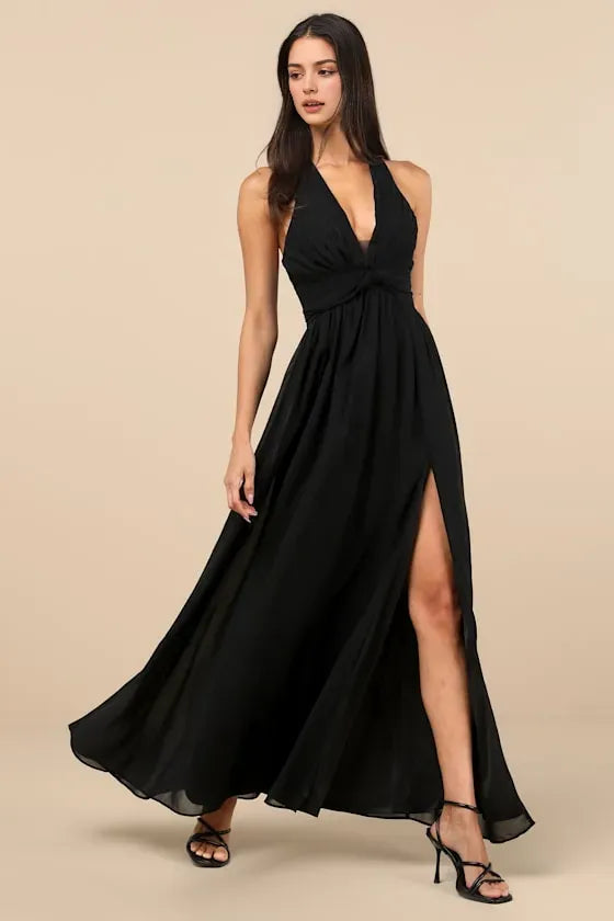 Black Evening Dresses with Halter Neck Twist - Front Design and High Leg Slit A Showstopper for Formal Occasions
