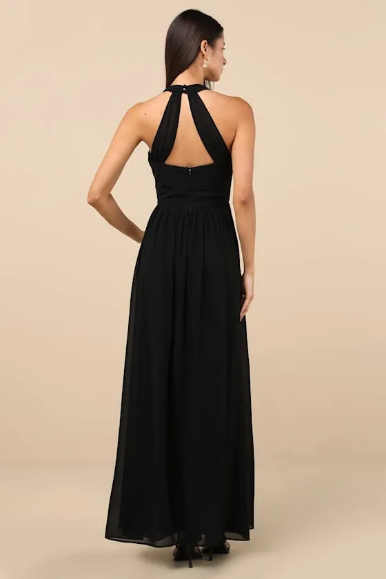 Black Evening Dresses with Halter Neck Twist - Front Design and High Leg Slit A Showstopper for Formal Occasions