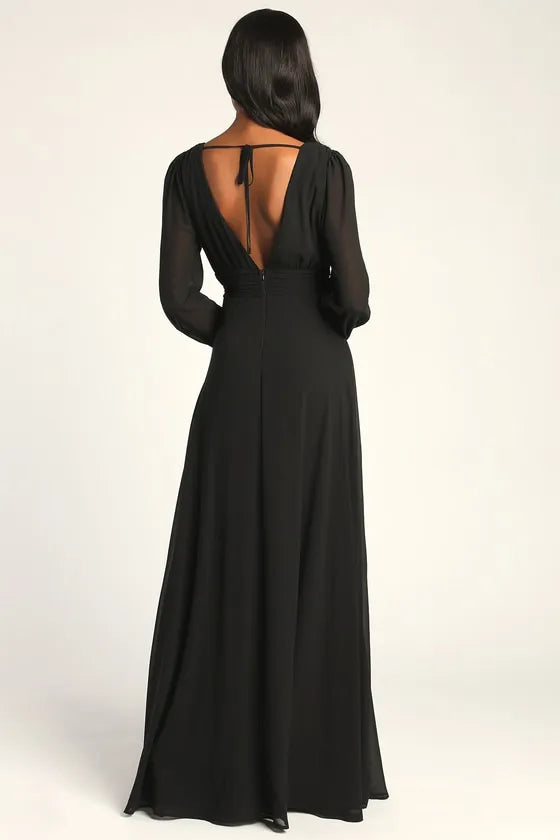Black Prom Dress Deep V - Neckline Sheer Long Sleeves Waist Cinching Detail and High Thigh Side Slit for a Stunning Look