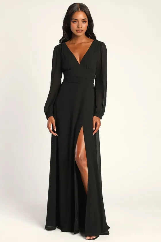 Black Prom Dress Deep V - Neckline Sheer Long Sleeves Waist Cinching Detail and High Thigh Side Slit for a Stunning Look