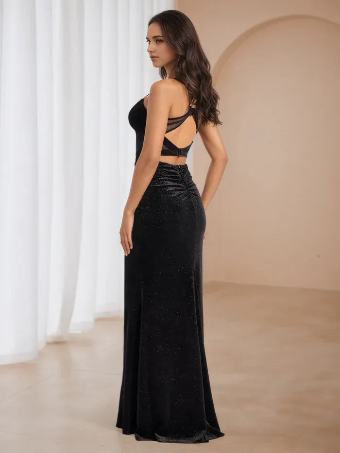 Black Glitter Prom Dress Plunge Neckline Spaghetti Straps Luxe Texture for Glamorous Galas