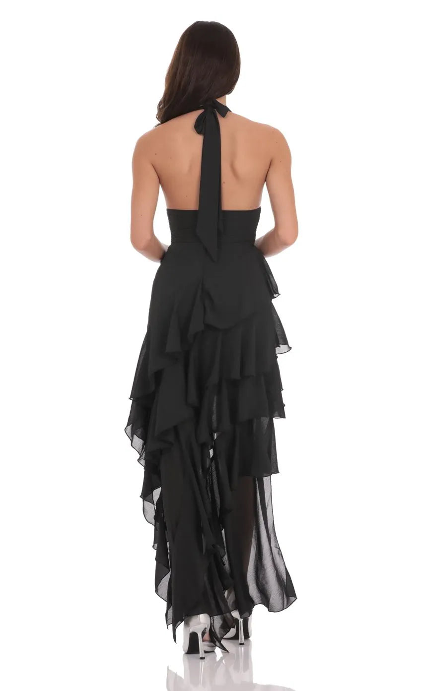 Black Halter Neck Prom Dress with Deep V - Neck Tiered Ruffle Skirt and High - Low Hem