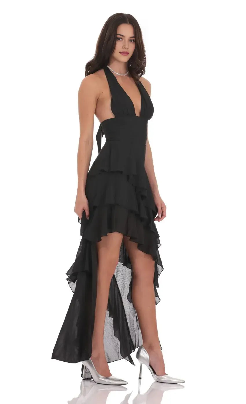 Black Halter Neck Prom Dress with Deep V - Neck Tiered Ruffle Skirt and High - Low Hem