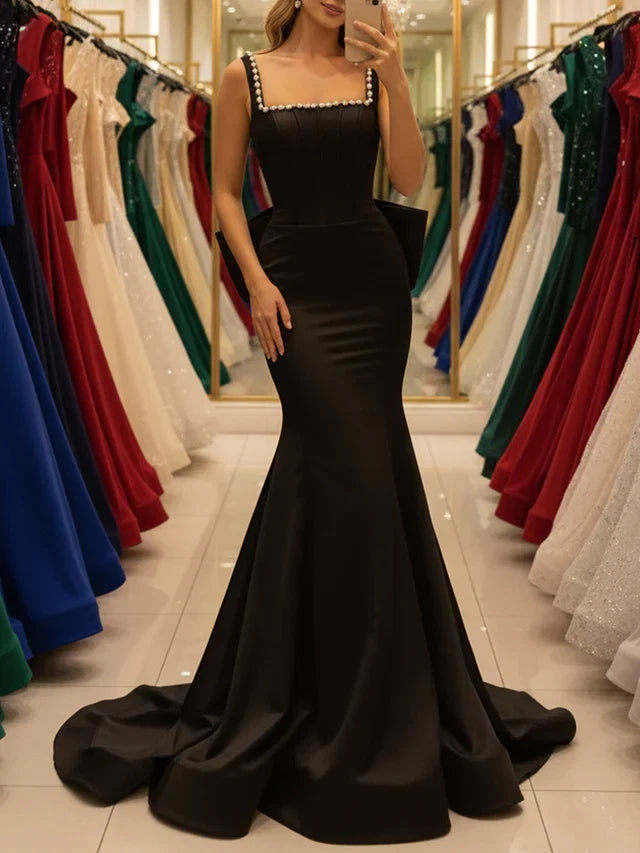 Black Mermaid Square-Neck Sleeveless Lace-Up-Back Beading Floor-Length Prom Dresses Big Bow
