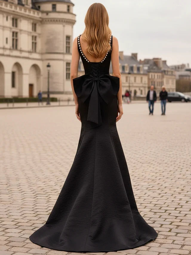 Black Mermaid Square-Neck Sleeveless Lace-Up-Back Beading Floor-Length Prom Dresses Big Bow